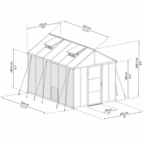 Palram Glory Greenhouse 8 x 12 With Dimensions