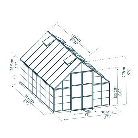 Maze 10'x16' Balance Greenhouse Assembled-Dimensions