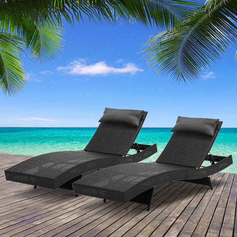 Gardeon Outdoor Wicker Sun Lounges Set of 2 - Black